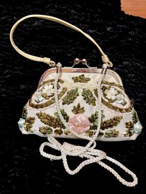 Kate Landry Cream Satin Embroidered Floral Clutch with Pink Rose